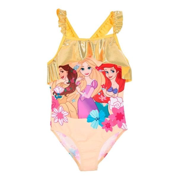 Bañador infantil de Disney con personajes de princesas y detalles florales.