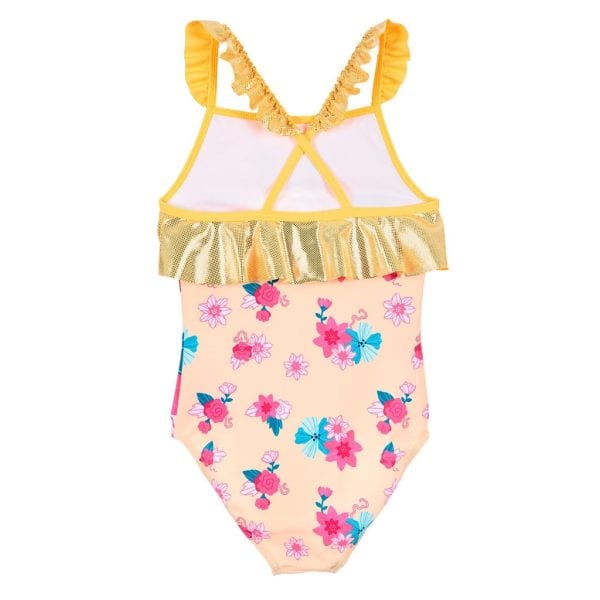 Bañador infantil con detalles de volantes y estampado de flores y mariposas en tonos rosa y azul.