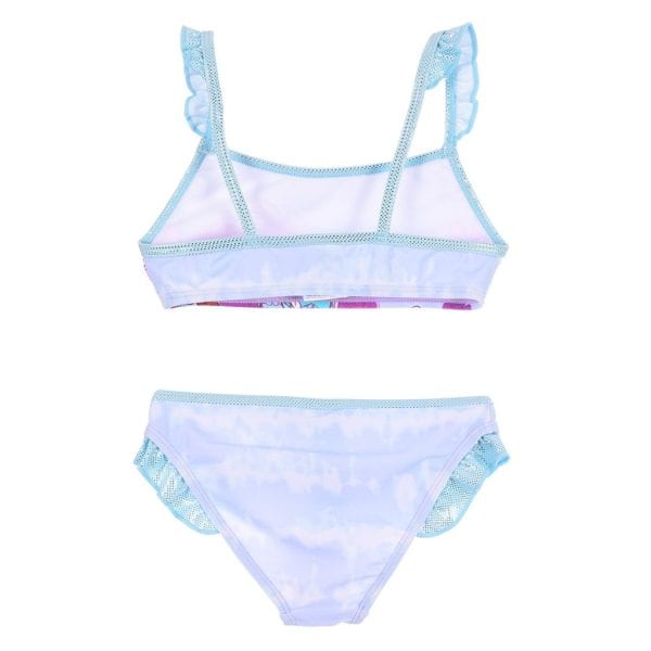 Bikini de niña en tonos pastel con detalles de encaje y volantes.