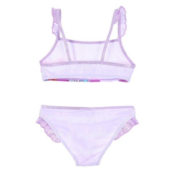Conjunto de bikini infantil en color lila con detalles de encaje.