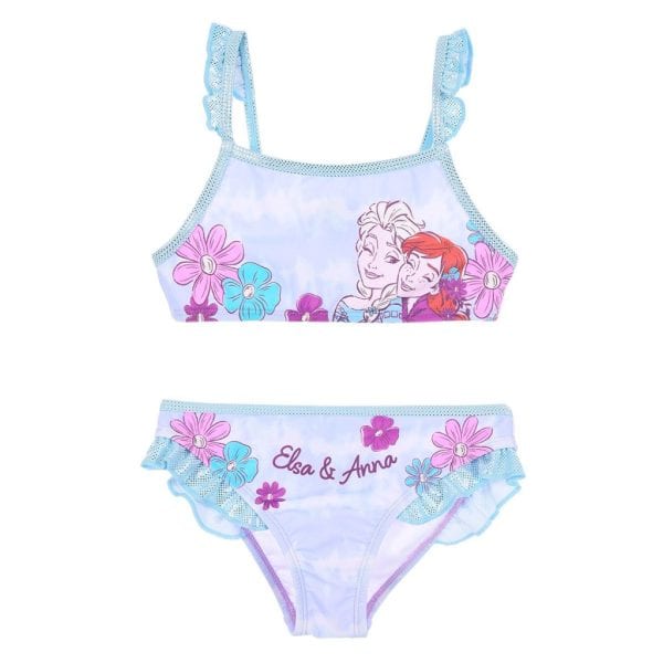 Conjunto de bikini infantil de Elsa y Anna de Frozen con flores en tonos pastel.