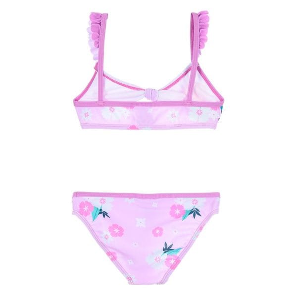 Bikini infantil rosa con detalles de flores y hojas para niñas.