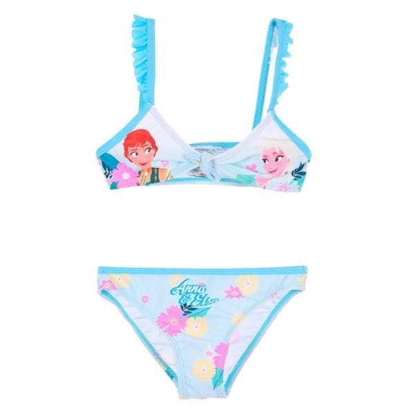 Bikini infantil con personajes de Frozen y estampado de flores en colores pastel.