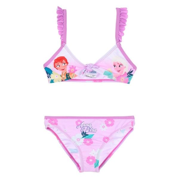Bikini infantil de Elsa y Anna de Frozen en color rosa con detalles florales.