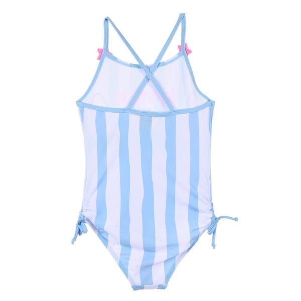 Bañador de niña con rayas azules y blancas y detalles rosas en las correas.