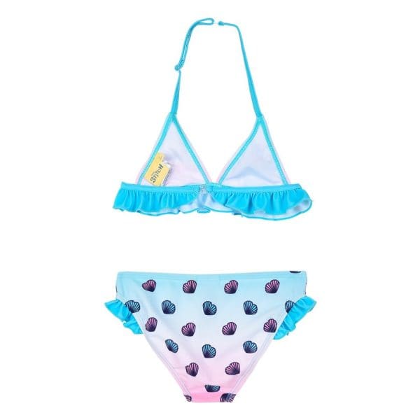 Bikini de niña con top azul y braguita con conchas marinas en tonos morados y azules.