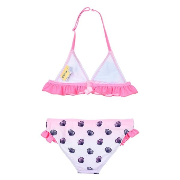 Bikini de niña con top rosa y braguita con conchas marinas en color morado y rosa.