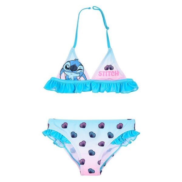 Bañador infantil de bikini con diseño de conchas y personaje Stitch de Disney.