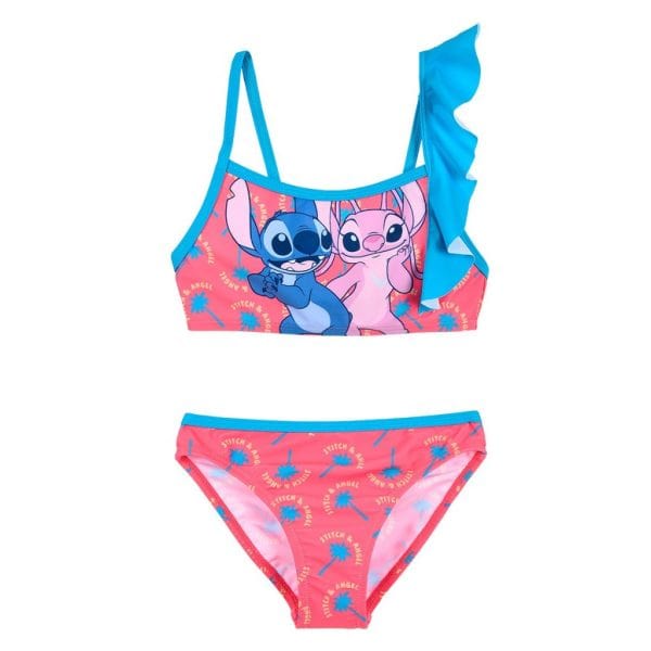 Bikini infantil con personajes de dibujos animados de Disney en colores rosa y azul.