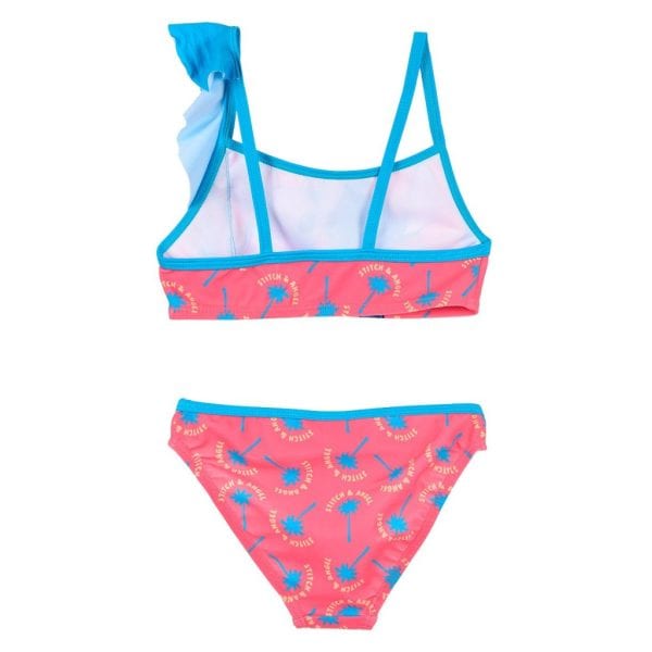 Bañador de niña con diseño de palmeras y colores rosa y azul.