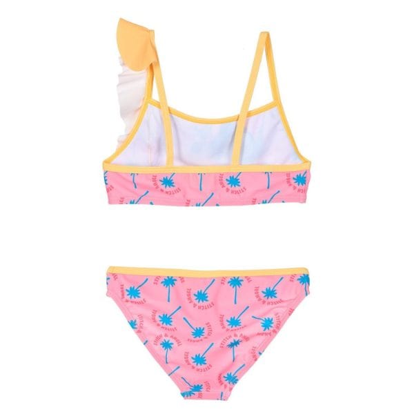Bikini de niña con estampado de palmeras y color rosa en Ropa La Giralda.