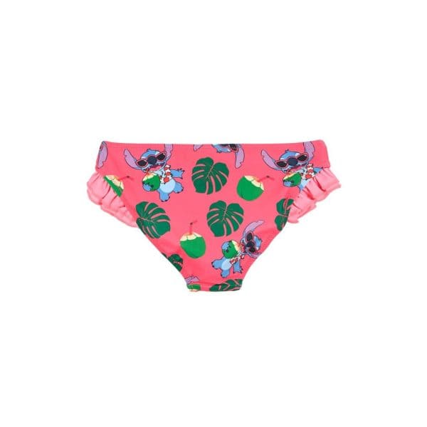 Bañador infantil con estampado de monstera y personajes de dibujos animados en rosa.