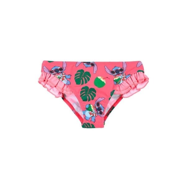 Bañador infantil rosa con estampado de personajes y hojas tropicales.