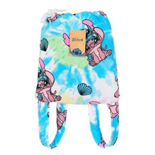 Mochila infantil con diseño de Stitch y estampado de conchas marinas en tonos azules y rosas.