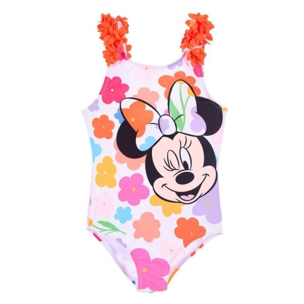 Traje de baño infantil con Minnie Mouse y flores coloridas para verano.