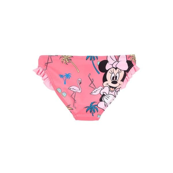 Bañador infantil rosa con Minnie Mouse y motivos tropicales.
