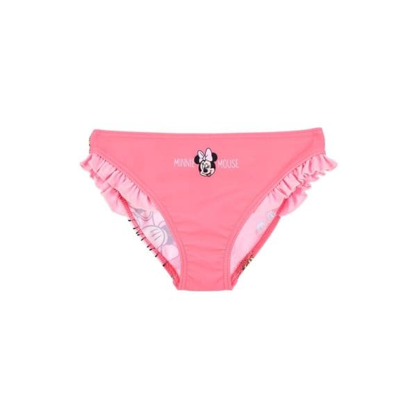 Braga infantil rosa con estampado de Minnie Mouse y volantes en los bordes.