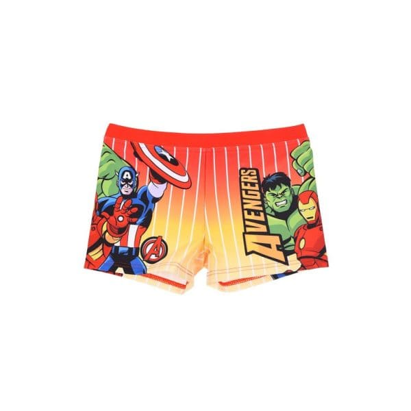 Bañador infantil de Los Vengadores con personajes y logo en colores vivos.
