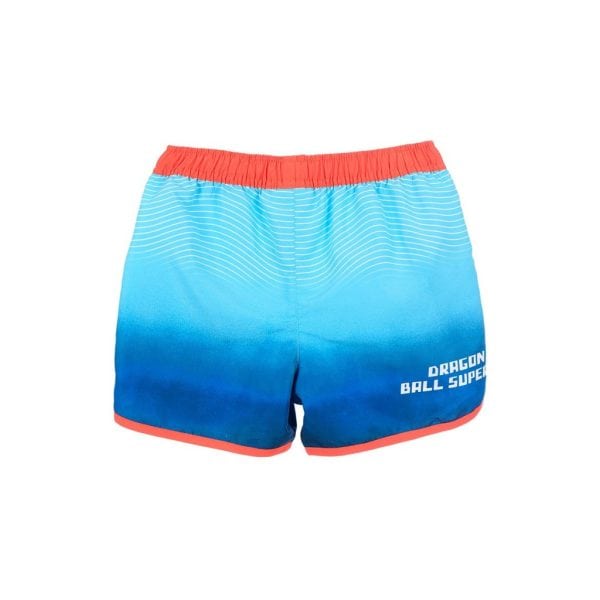 Pantalones cortos deportivos en azul con detalles en rojo y logo de Dragon Ball Super.