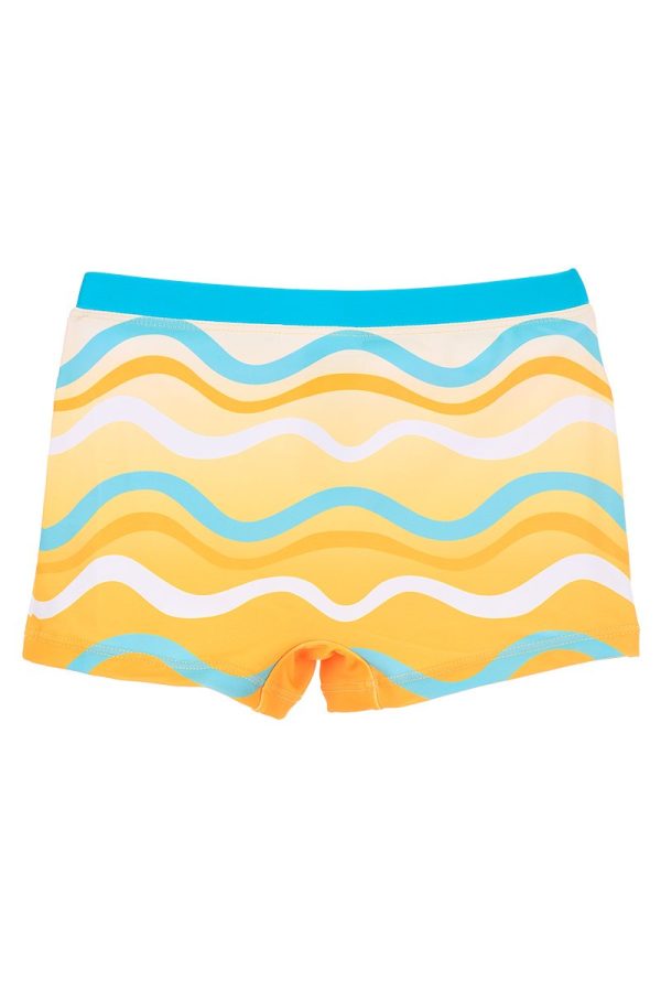 Bañador de niño con diseño de ondas en azul, amarillo y blanco en Ropa La Giralda.