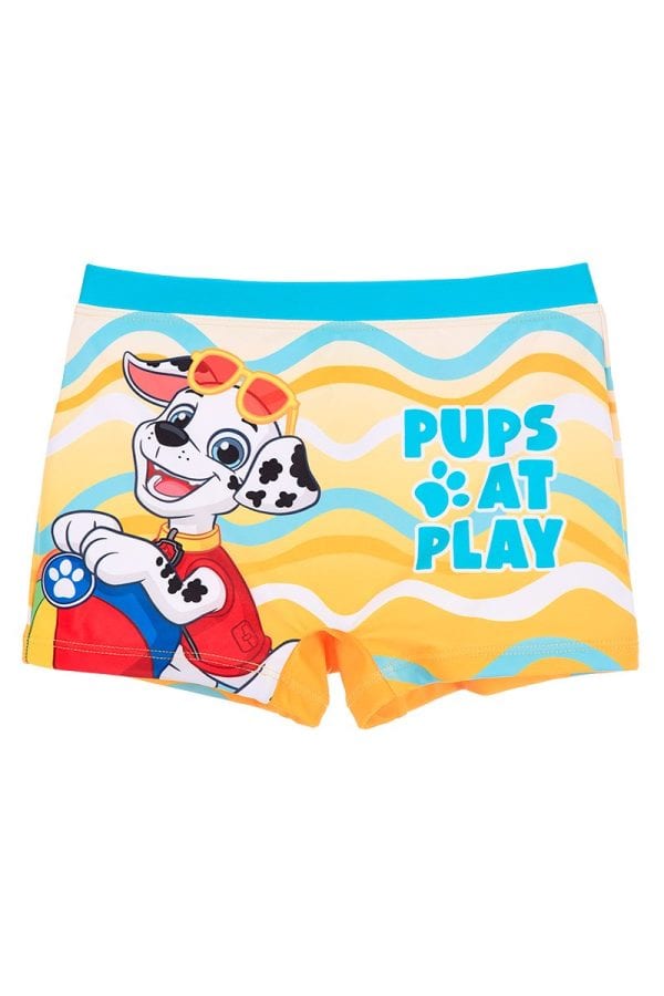 Bañador infantil con diseño de perrito y texto Pups at Play en colores vivos.
