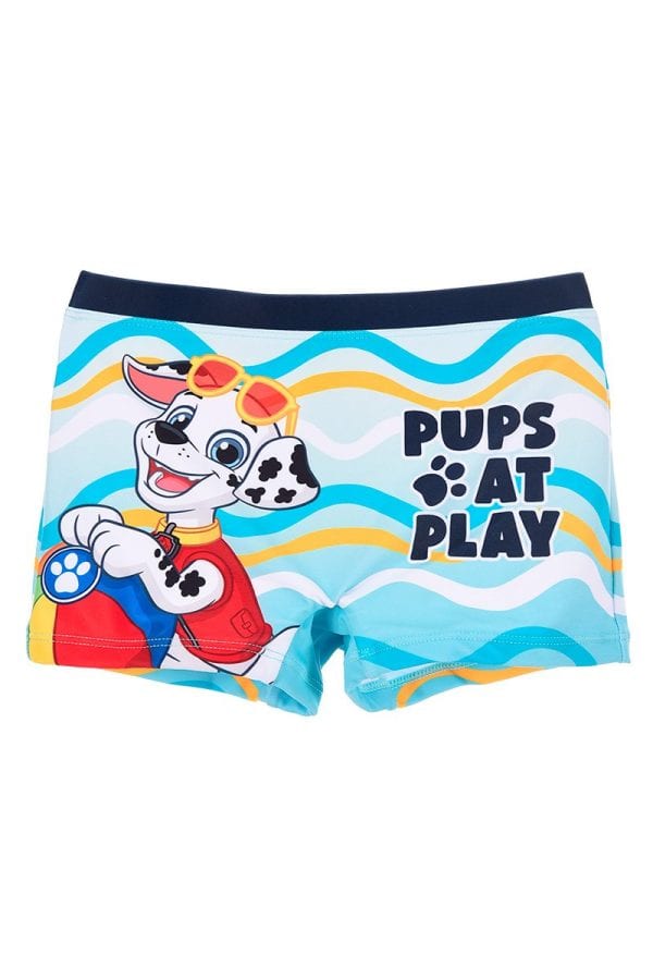 Bañador infantil con diseño de perro y texto Pups at Play en colores vivos.