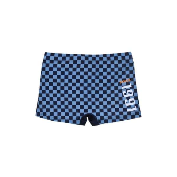 Bañador de niño con diseño de cuadros azules y logo de Ropa La Giralda.