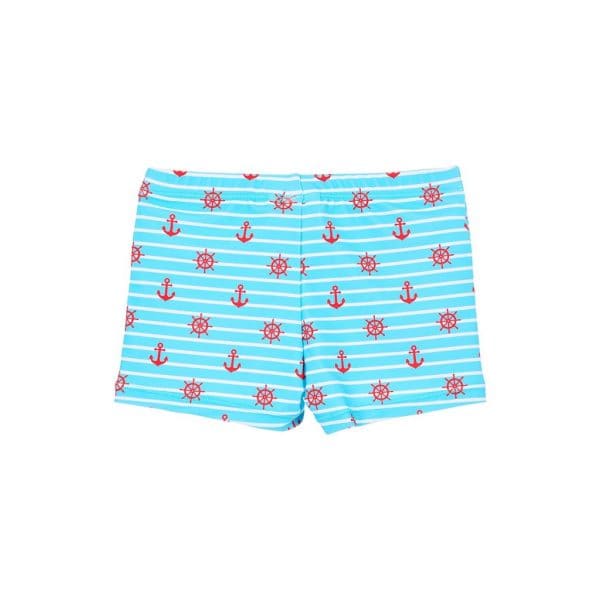 Bañador de niño con rayas azules y motivos de anclas y timones rojos.
