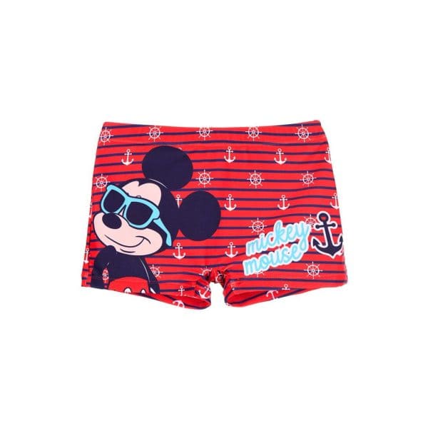 Bañador infantil de Mickey Mouse con rayas rojas y anclas en azul y blanco.