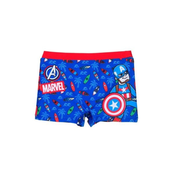 Bóxer infantil con diseño de Marvel y Capitán América en azul y rojo.