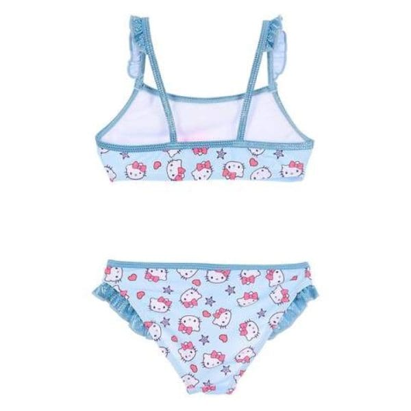 Conjunto de bikini infantil con estampado de Hello Kitty en azul y rosa.