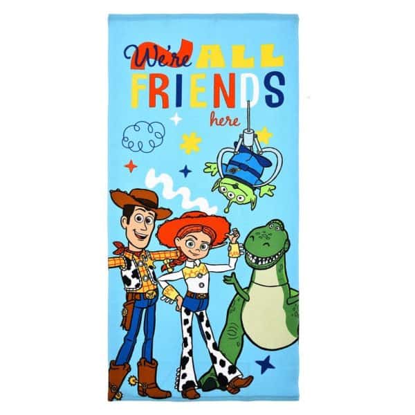Toalla de Disney Toy Story con personajes Woody, Jessie y Rex en fondo azul.