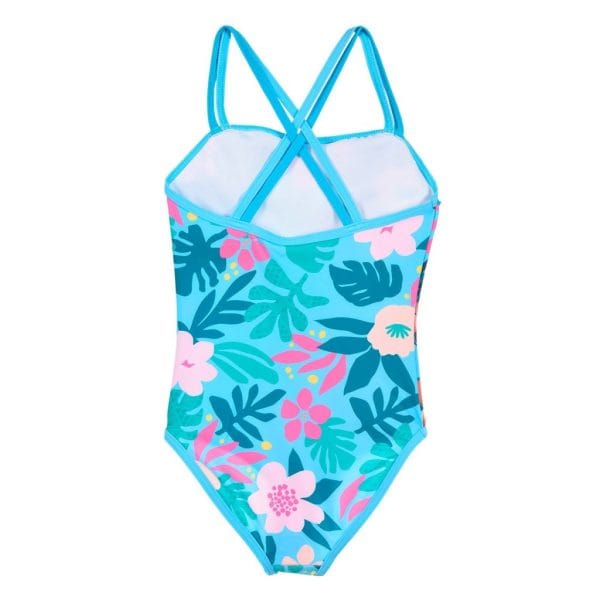 Bañador infantil con estampado tropical en tonos azules y rosas.