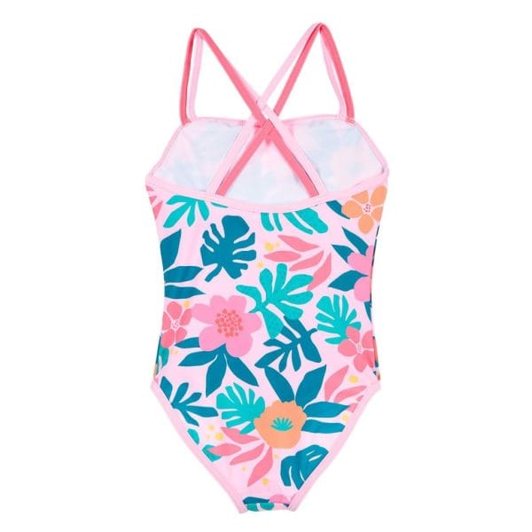 Bañador infantil con estampado de flores y hojas en tonos rosa y azul.