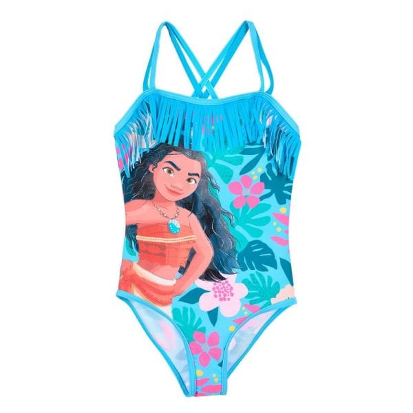 Bañador infantil con diseño de Moana y estampado tropical en tonos azules y rosas.
