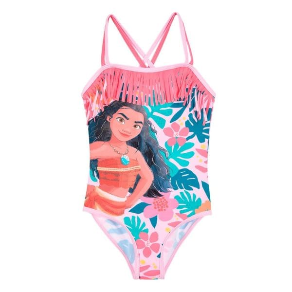 Traje de baño infantil con diseño de Moana y estampado tropical.