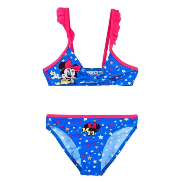 Bikini infantil de Minnie Mouse con estrellas azules y detalles rosas.