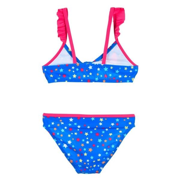 Bikini infantil azul con estrellas de colores y detalles en rosa.