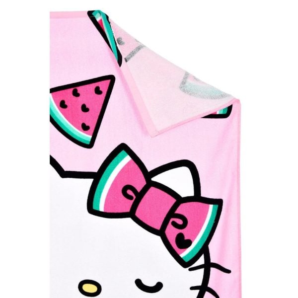Paño de cocina con diseño de sandía y la cara de Hello Kitty en rosa.