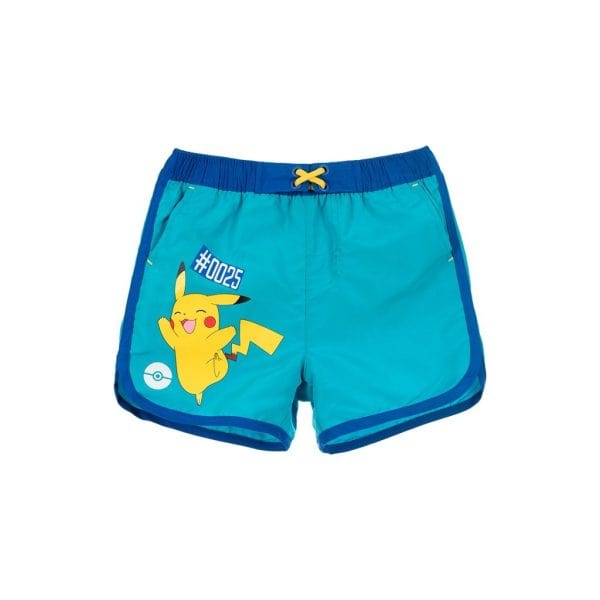 Pantalones cortos de playa con Pikachu y temática Pokémon en azul.