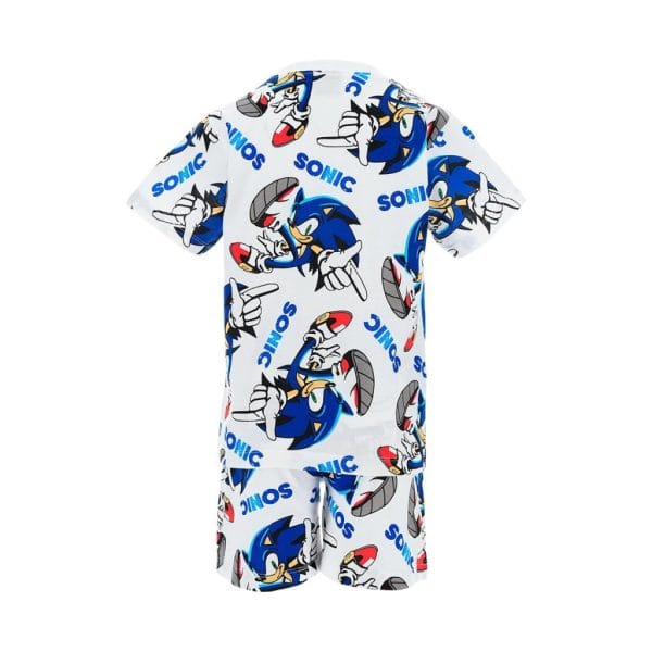 Pijama infantil con diseño de Sonic en colores azul, blanco y rojo.