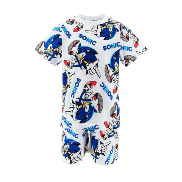 Ropa infantil con diseño de Sonic en colores azul, blanco y rojo.