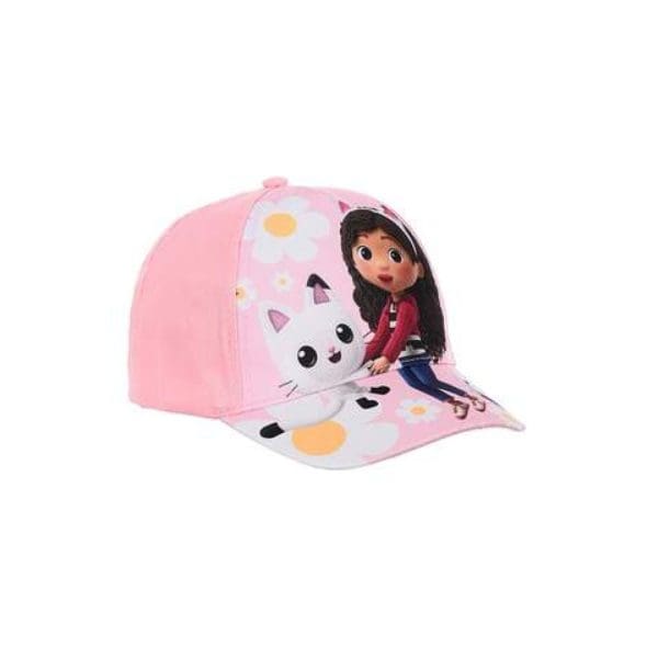 Gorra infantil con personaje de dibujos animados y diseño de gato en rosa y blanco.