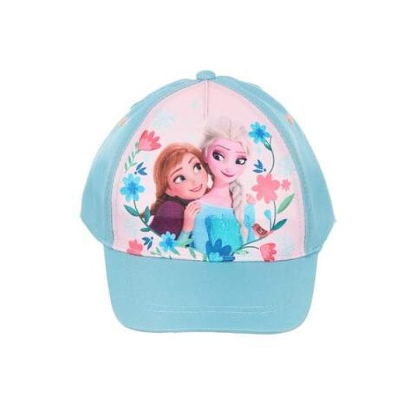 Gorra infantil de Frozen con Elsa y Anna, colores pastel y flores.