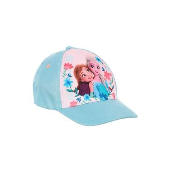 Gorra infantil de Frozen con Elsa y Anna en colores pastel y flores.