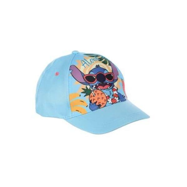 Gorra infantil azul con diseño de Stitch con gafas de sol y piña.