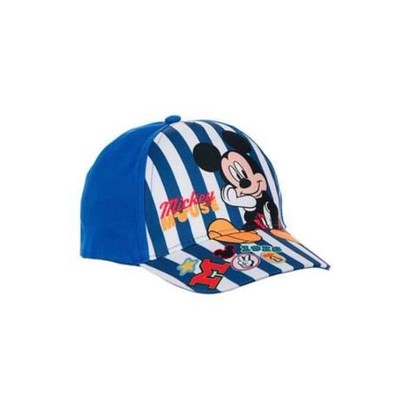 Gorra infantil con Mickey Mouse y rayas azules y blancas.