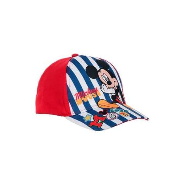 Gorra infantil con Mickey Mouse y rayas azules y blancas.