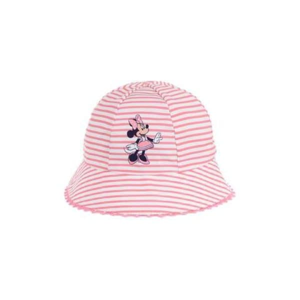 Gorra infantil con rayas rosas y blancas y Minnie Mouse bordada.