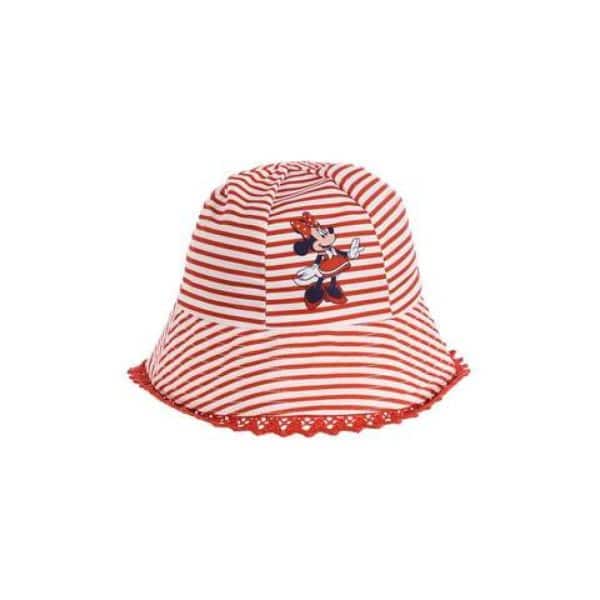 Gorro infantil con rayas rojas y blancas y dibujo de Minnie Mouse.